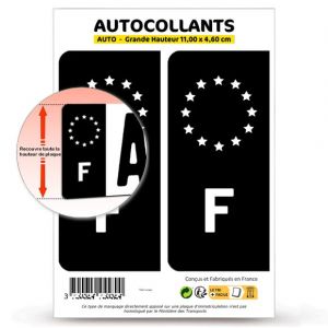 Autocollant Plaque Immatriculation 2 Stickers Pays F France - Identifiant Europ&eacute;en en Version Fond Noir : 11 x 4,6 cm (Grande Hauteur) (blasonimmat, neuf)