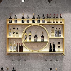 Porte-Bouteilles Muraux Industriels Avec Porte-Verre,Casier À Vin En Métal,Porte-Verre À Vin Suspendu Mural Pour Bar Boissons,Étagères Polyvalentes,Étagère Murale En Verre Pour Cuisine ( Color : Gold (CAOLU, neuf)