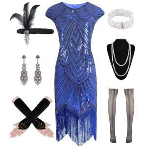 WILDPARTY Robe Années 20 Femme, Déguisement Charleston, Accessoires Vintage Mafia, Paillettes, Perles, Franges, Bas Résille, Sequins, Costume Tenue (AMS-EU, neuf)