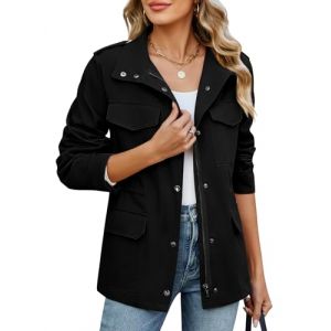CMTOP Veste Femme mi Saison Court L&eacute;ger Blouson en Coton, D&eacute;contract&eacute; &Eacute;l&eacute;gante Jacket Saharienne Veste Manteau avec Multi Poches pour Printemps &Eacute;t&eacute; Automne(Noir,L) (Lemens, neuf)