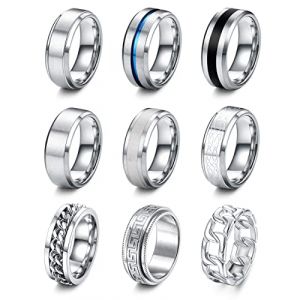 LOLIAS 9 Pcs Bagues Homme Argent Acier Inoxydable Finition Mat Poli Bande Bague Chaînes Anneaux Décapsuleur Anneaux Alliance Bague Fiançailles Vintage Fidget Bague pour Homme Femme (LoliasEU, neuf)