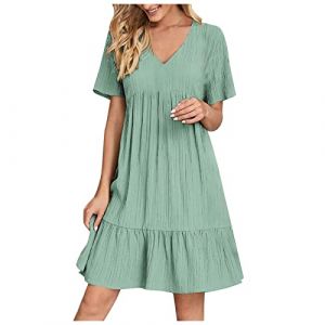 Robe De Plage Femme Ete Col V Manches Courtes Chic Elegant Boh&egrave;Me Tunique Robe Ample A-Line Mi-Longue Dress Grande Taille D&eacute;Contract&eacute;E Robes Unie Taille Haute Robes Pour Soiree Mariage Ceremonie (HAOLEI  FR, neuf)