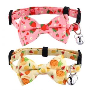 2pcs Colliers d'&Eacute;t&eacute; pour Chat, Fruits Mignons Collier pour Chat avec Noud Papillon et Cloche R&eacute;glable Collier Noud Papillon Doux pour Chat avec Ananas Motif Fraise (Rose, Jaune) (funysion, neuf)
