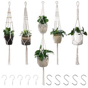 Suspension Plante 5 pièces, Macrame Pot Suspendu Panier Suspendu en Corde Coton Pot de Fleurs pour Plantes Support Suspendu pour Intérieur, Extérieur, Jardin, Balcon, Patio, Fenêtre, Beige (DE BIASI GIULIA, neuf)