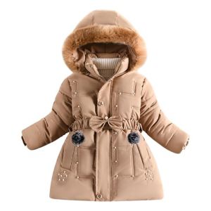 Maeau - Manteau Hiver Fille Doudoune &agrave; Capuche D&eacute;tachable Manteau en Duvet Matelass&eacute; Chaude Parka Veste Epaisse Rembourr&eacute; avec Ceinture N&oelig;ud Papillon - Kaki - 6-7 Ans (YDAEU, neuf)