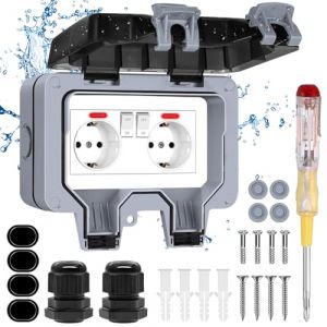 Prise Exterieure Etanche IP66 Double Prise de Courant et Volet de Protection Electrique Multiprise Murale de Jardin, Prise Anti-Poussière et Coupe-Vent avec Interrupteur, Voyant Lumineux (Darton EU, neuf)