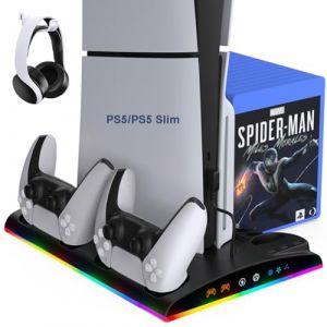 LYtech Support PS5 pour PS5/PS5 Slim, Ventilateur de Refroidissement PS5 à 3 Vitesses, Chargeur Manette PS5 avec Indicateur LED, Socle PS5 avec 3 Ports USB et 13 Emplacements de Jeu, Accessoire PS5 (smmall, neuf)