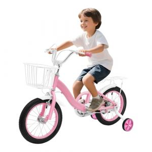 HuKaiL V&eacute;lo pour enfant de 14 pouces, gar&ccedil;on et fille, avec panier, v&eacute;lo d'apprentissage r&eacute;glable en hauteur, avec roues stabilisatrices et double frein pour enfants &agrave; partir de 3 ans, 104 x 75 cm, (SRRFDSS, neuf)