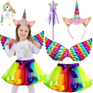 ZZXLOPEZ Deguisement Licorne Fille Princess Enfant, Lot de 4 Serre-t&ecirc;te Color&eacute; avec Ailes, Jupe Arc-en-Ciel, F&eacute;e Baguette, Robe de Princesse avec Licorne pour F&ecirc;te d'anniversaire, Halloween, Carnaval (MARKET RENDON JORGE ENRIQUE S.R.L., neuf)