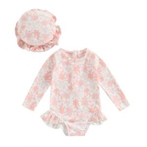 Carolilly Maillot de Bain Une Pièce Bébé Fille à Volant Imprimé Floral, Maillot de Bain Anti-UV à Manches Longues avec Chapeau (6 Mois à 3 Ans) (Rose Beige, 12-18 Months) (La Vie Brillante, neuf)