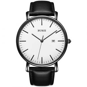 BUREI Montre Quartz Ultra-Fine pour Homme Mouvement Quartz Japonais m&eacute;canique pour Homme Le pour Les Gentlemen (Blanc et Noir, Bracelet de Montre en Cuir) (EU Watches, neuf)