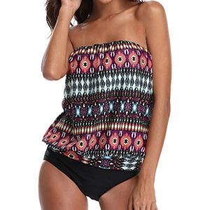 Tankini Cache Maillot de Bain Taille Haute Fleuri Femme 2 Pieces Amincissant Gainant Ventre Plat Sexy Impression Bikini Tankini Bustier Shorty Sport Plage F&ecirc;te Yacht (extensivc, neuf)