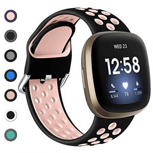Dirrelo Bracelet Compatible avec Fitbit Versa 4 Bracelet/Fitbit Versa 3 Bracelet/Fitbit Sense Bracelet/Fitbit Sense 2 Bracelet Femme Homme, Sport Respirant Silicone Étanche Remplacement, Noir/Rose S (GooyooStoreEU, neuf)