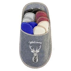 BOOTSY® Chaussons pour invités - Motif Welcome Cerf (5 paires) • Pantoufles en feutre unisexe • Lot de chaussons d’accueil • Tailles 35/38, 38/40, 41/43, 44/45 • Mules avec sac de rangement (24Kauf | e-connect GmbH, neuf)