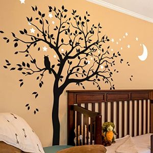 Grand arbre autocollant mural avec hibou, lune et étoiles Décoration murale chambre d'enfant 088 (Branches à droite, Noir, Blanc) (Studio Quee, neuf)