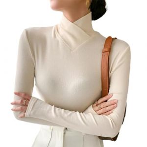 Juneyou Col roul&eacute; crois&eacute; en polaire, haut &agrave; col roul&eacute; et manches longues pour femmes, pull en tricot extensible coupe ajust&eacute;e (blanc, XL) (qiqi dian, neuf)