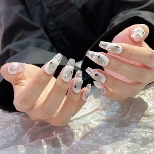 Pure Handmade - Lot de 10 faux ongles réutilisables à presser - Couleur rose nude dégradé - Couleur rose moyen à coller - Faux ongles à bout français (XS, Q069) (TOPA Digital, neuf)