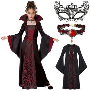 Rnoqamy Deguisement Vampire Fille, Deguisement Halloween Filles,D&eacute;guisement Vampire Enfant,Costume Halloween Enfant Carnaval Cosplay Costume Th&eacute;&acirc;tre F&ecirc;te (140CM（8-10 ans）) (JUICY SUNNY LIMITED, neuf)
