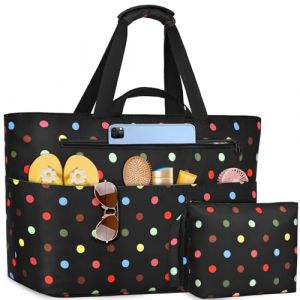 NEWIROVE Sac De Plage Femme, Grand Sac Plage Avec Fermeture &Eacute;clair Xxl Family Bag Imperm&eacute;able Pliable Beach Bag Cabas Femme Pour Piscine, Shopping, Vacances. 50L, Points color&eacute;s (Newinere, neuf)