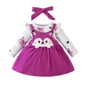 Ensembles Bébé Fille Naissance écureuil Imprimé Body Bebe 0-18 Mois Manche Longue Barboteuse Dessin Anime Automne Jupe Robe à Bretelles Bandeau Habits Chic Mode (Violet-a9-12 mois) (Huttam, neuf)