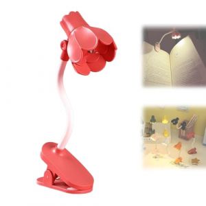 Lampe de lecture mignonne en forme de fleur pastel, mini lampe de lecture en forme de fleur pour lire au lit, lampes à pince rotatives à 360 °, veilleuse pour le soin des yeux avec 10 piles (rouge) (DearJing, neuf)