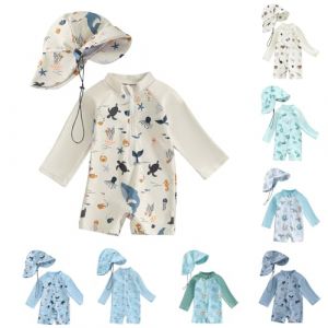 Maillot de Bain Enfant B&eacute;b&eacute; Gar&ccedil;on de 2 Pi&egrave;ces Anti-UV, Combinaison Zipp&eacute; &agrave; Manches Longues Imprim&eacute; + Chapeau &agrave; Large Bord Maillot de Bain B&eacute;b&eacute; Gar&ccedil;on Maillots de Bain Fille (RUITOTP, neuf)