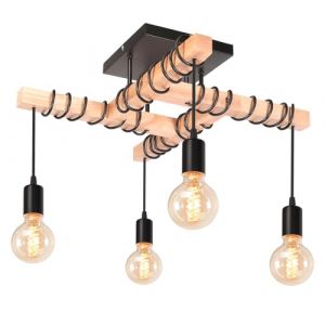 iDEGU Lustre Industriel, 4 Lampes Suspension Luminaire Vintage en M&eacute;tal et Bois E27 &Eacute;clairage de Plafond R&eacute;tro Noir R&eacute;glable Lustre Plafonnier pour Salon Salle &agrave; Manger Cuisine (Type Plafonnier) (IDEGU, neuf)