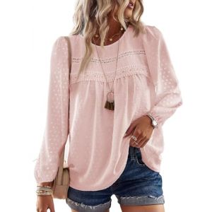 TUUHAW Chemise Femme Chic et &Eacute;l&eacute;gant Automne Grande Taille Manches Longues Boh&egrave;me Top Col Rond Dentelle D&eacute;contract&eacute; Haut T-Shirts Fluide &agrave; Point Suisse Tunique Rose P&acirc;le XXL (TROFANO, neuf)