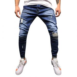 Nouveau Fashion Jean Homme 2022 - Pantalon Trou&eacute; Skinny Slim Droit D&eacute;chir&eacute; Moulant Bootcut - Bleu Clair Pas Cher (Haoxinkjshop, neuf)