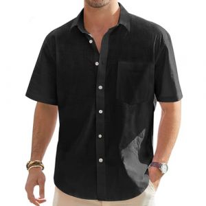 Chemise en lin pour homme - Manches courtes - Chemise en lin - Chemise de loisirs - Coupe droite - Chemise d'été avec col montant - Décontractée - Coupe droite - Chemise rayée, Z03 noir., L (runBel, neuf)