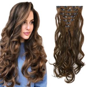 Dcbaboo Extension Cheveux Naturel Clip Extension a Clip Cheveux Naturel Boucl&eacute;s Longue 7PCS Postiche Rajout Cheveux Ondul&eacute; Extension de Cheveux a Clip Fris&eacute; Synth&eacute;tique, Marron fonc&eacute; & Auburn clair (Dcbaboo, neuf)