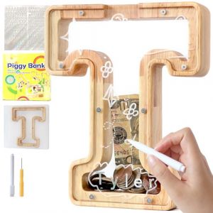 Lakpopya Tirelire en Bois pour Enfant Tirelire Cochon Personnalisée de Lettres A à Z Tirelire Billet Transparente Créative pour Cadeau Décoration Baptême pour Fille Garcon (T) (Never fail, neuf)
