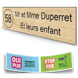 DECOHO - Plaque Boite aux Lettres personnalisée adhésive - Plastique Durable Effet Bois Clair Lettres Noires - 100x25 mm + Stickers Stop - Marron (DECOHO, neuf)