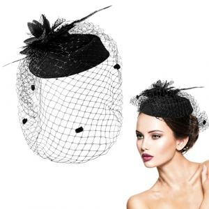 Dimeho Chapeau bibi pour femme, voile, plumes, bibi, pince &agrave; cheveux ann&eacute;es 20 et 50, chapeaux avec voile, chapeau vintage, &eacute;l&eacute;gants chapeaux pour cocktail et tea party, Noir , Taille Unique (Slim graceful, neuf)
