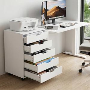 Buybyroom Caisson de Rangement, Meuble Bureau &agrave; 4 Roulettes, 5 Tiroirs, Bois Armoire Meuble Sous Bureau 65 cm Hauteur pour Papier Administratif, Imprimante, Chambre, Salon, Blanc (LiePu Store, neuf)