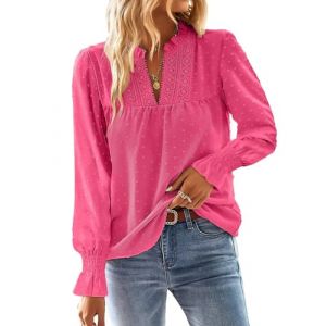 TUUHAW Top Femme Chic et &Eacute;l&eacute;gant Automne Boh&egrave;me Manches Longues &agrave; Volants Dentelle Col en V Tunique &agrave; Point Suisse T-Shirt Chemise Mousseline Hauts Fluide Blouses Loose Rose Vif L (TROFANO, neuf)