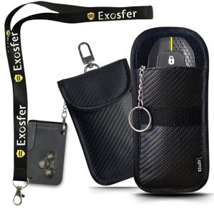 EXOSFER &ndash; Antivol Voiture : Pack 2 Etuis Anti RFID, Tissu Carbone (1 Small + 1 Medium) + 1 Tour de Cou | Protection Cl&eacute; Mains Libres, Badge T&eacute;l&eacute;p&eacute;age | Pochette Anti Piratage Blocage RFID. (EXOSFER, neuf)
