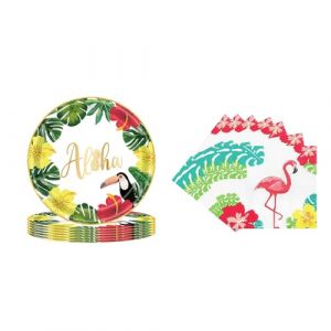 AIBAOBAO Lot de 36 pi&egrave;ces de Vaisselle Hawa&iuml;enne Aloha, Vaisselle Jetable Assiette, pour D&eacute;coration de F&ecirc;te Barbecue sur la Plage D'anniversaire D'&eacute;t&eacute; dans la Jungle Tropicale (16 Invit&eacute;s) (zjc nl, neuf)