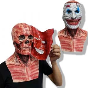 MxsFrundel Masque Halloween Effrayant Adulte 2025, Masque Squelette Clown (Tour de tête maximal 60cm), Double Couche Surface Amovible avec Mâchoire Mobile, pour Halloween et fête d'horreur (Rouge) (YTTRIUM CREST LIMITED, neuf)