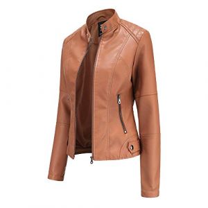 Hiser Femme Veste de Simili Cuir, Moto Manteau Faux Cuir PU Slim Fit Printemps Automne Hiver Manche Longue Élégant Veste Courte Blouson Biker à Fermeture (Kaki,S) (Hiseng, neuf)