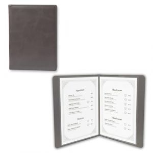 Porte-menu et dossier de pr&eacute;sentation en similicuir PU &ndash; Format A4/A5 &ndash; 4 pages, 8 vues &ndash; Pochettes PVC transparentes &ndash; Id&eacute;al pour restaurants, h&ocirc;tels, mariages et bureaux (Gris Ciment, Format A4) (GreenIsle, neuf)