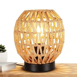 Rotin Lumi&egrave;re de Nuit, Lampe De Bureau Vintage, Lampe de table en bois avec abat-jour tiss&eacute; &agrave; la main, Boho Abat-Jour Tress&eacute; &agrave; La Main Pour Salon Salle &agrave; Manger F&ecirc;Te De Mariage Jardin Int&eacute;Rieur Balcon (KSWZ, neuf)