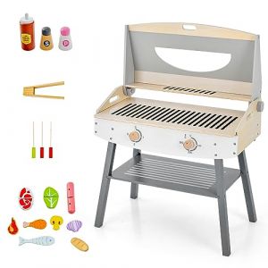 COSTWAY Jouet Barbecue en Bois Enfants avec 17 Accessoires, Jouet BBQ Grill avec Son R&eacute;aliste et Couvercle Rabattable, Espace de Stockage, Jouet d&rsquo;Imitation pour Gar&ccedil;ons et Filles de 3 Ans+ (FDS GmbH, neuf)