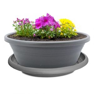 Pot de fleurs et soucoupe - R&eacute;sistant aux intemp&eacute;ries - Grand pot de fleurs de 45 cm - Gris comme pot rond - R&eacute;sistant au gel - Pot de fleurs (matches21 HOME & HOBBY, neuf)