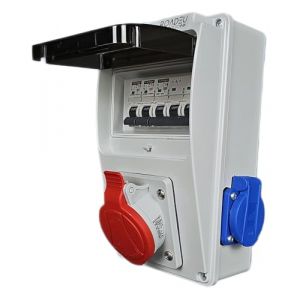 RoadEu - Coffret de Chantier 16A prise 5P - 2x 230V - IP44 Distributeur de courant de chantier 16A avec disjoncteur C 16A - Distributeur CEE - idéal pour les ateliers, les garages et les usines (RoadEu, neuf)