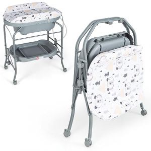 LIFEZEAL 2-en-1 Table à Langer & Baignoire Pliable Bebe, Commode à Langer Bébé avec Panier de Rangement, Roues Universelles, Charge de 35 kg, 0-12 mois (Gris) (LIFEZEAL ITALY S.R.L., neuf)