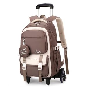 Tanou Cartable a Roulette Fille, 30L Sac &agrave; Dos ado College D&eacute;contract&eacute; avec Trolley, Sac a Dos &agrave; Roulettes Primaire D&eacute;tachable pour l'&eacute;cole Voyage, 6 Roues, Marron (Tanou Bagages, neuf)
