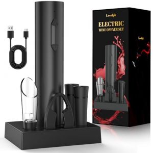 Tire bouchon electrique rechargeable, ouvre bouteille electrique idee cadeau anniversaire homme femme avec bec verseur a&eacute;rateur, 2 bouchon vin vide air, coupe-fil et c&acirc;ble de chargement USB (Makulashop Etrade Kft., neuf)