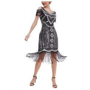 KBOPLEMQ Costume Charleston pour femme - Robe vintage des années 1920 - Gatsby - Paillettes - Ourlet à pompons - Robe de cocktail - Robe de bal - Robe de soirée - Cocktail - Costume de fête, X (VISNA, neuf)
