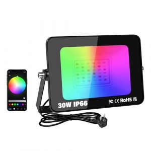 RIGIDON 1X 30W RGB Projecteur LED Extérieurs App Télécommande, 3000LM Exterieur & Interieur couleur RGBW Lumière de Projecteur, Minuteur Neon Spot Led Pour Jadin, Terrasse, Patio, IP66 étanche (Sanyue-EU, neuf)
